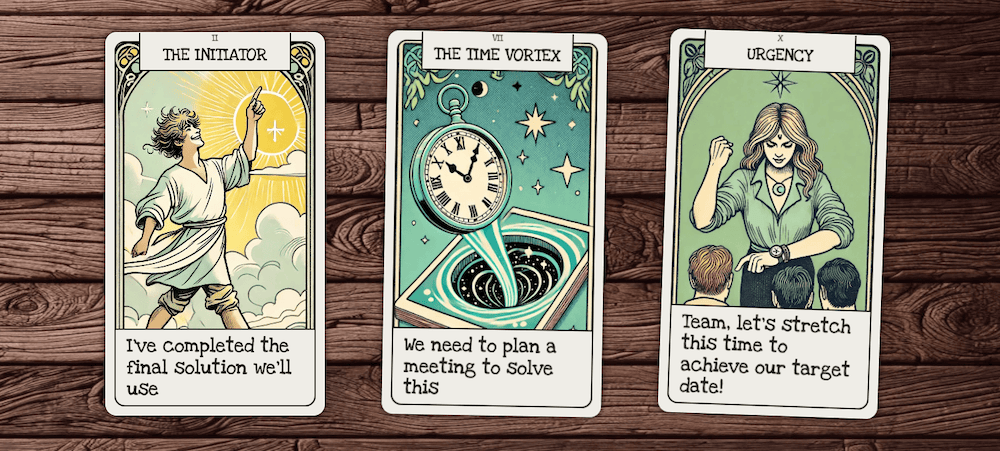 Lean Tarot: The Fresh Manager persona with cards for: THE INITIATOR, THE TIME VORTEX, URGENCY