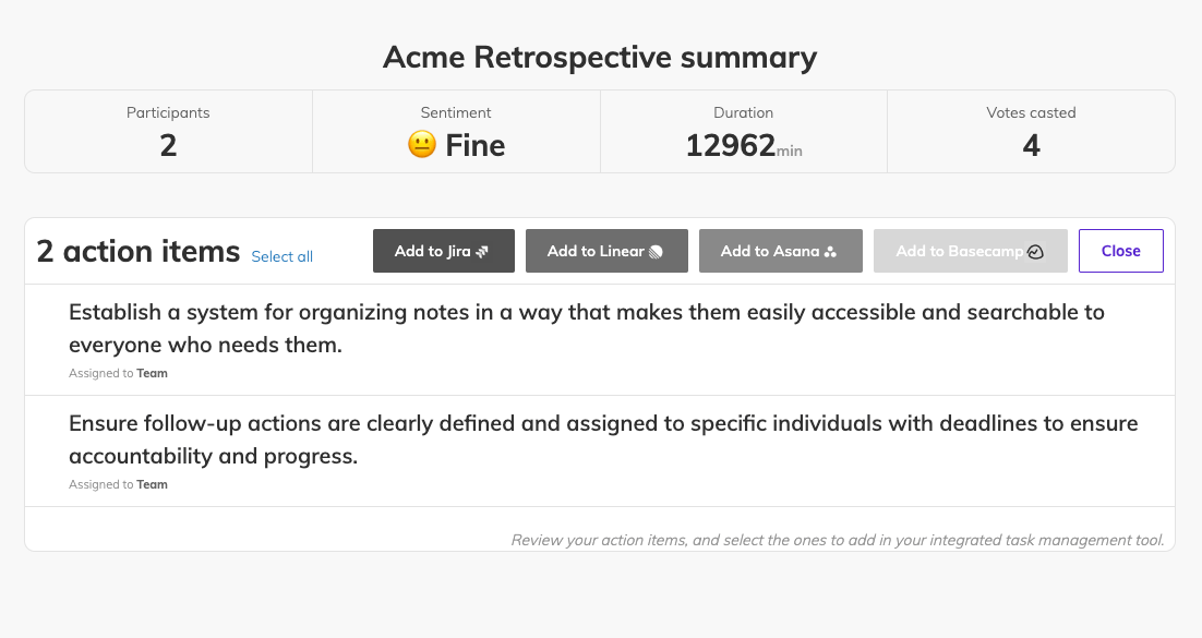 Admin view of retrospective summary, showing information about participants, overall sentiment based on meeting notes, duration, votes casted, and action items. There are buttons for adding action items to Jira, Linear, Asana, and Basecamp