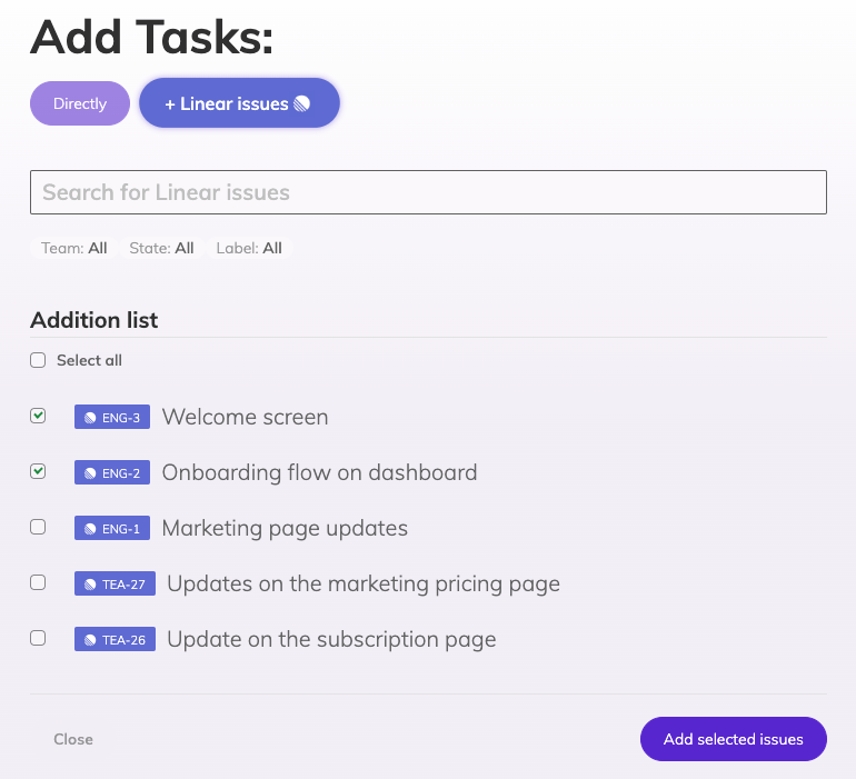 Planning poker manage tasks interface with Linear selected. There is a search input for searching Linear issues, filters for Team, issue State, and issue Label. A list reading Addition list with 2 Linear issues selected. Button saying Add selected issues