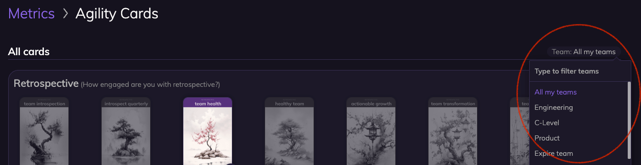 Screenshot of agility cards interface with the team filter dropdown visible. There is a search input for teams and all teams listed in the dropdown.