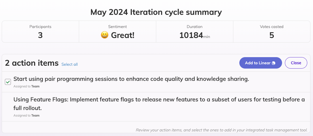 Retrospective summary showing two action items, one is selected. There is a button reading Add to Linear