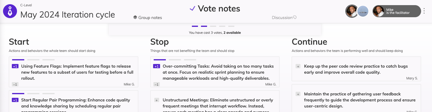 View of the Vote stage of the retrospective. Right under the header holding the name of the stage and participants, there is a section for the available vots to cast. Some notes in columns have votes casted.