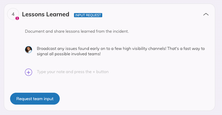 An expanded topic card with a visible badge next to the title reading INPUT REQUEST and an active button reading Request team input.