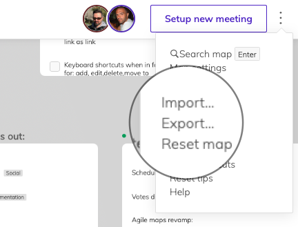 The Agile Maps menu expanded with highlights on the Import/Export options