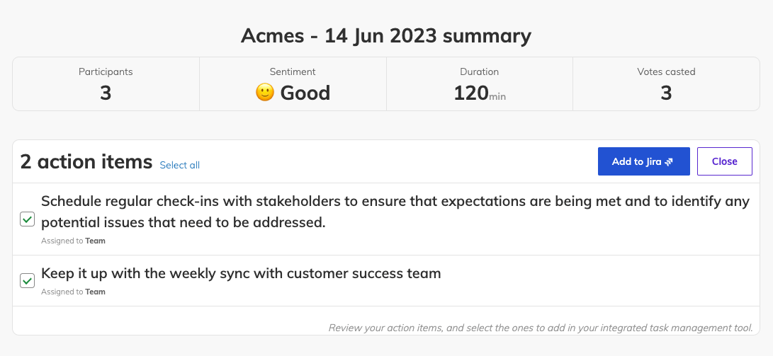 View of a retrospective summary with two action items selected and an active button to Add to Jira the selected action items