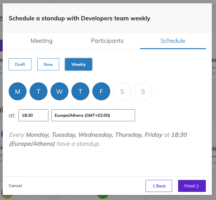 Meeting scheduler showing weekdays and time selector with an additional timezone preview