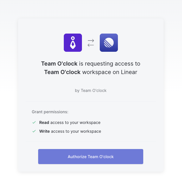 The Linear view for authorizing Team O'clock to read and write access on Linear workspace, there is a button reading Authorize Team O'clock