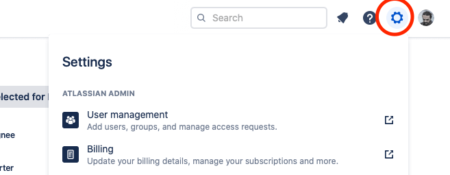 Jira settings gear next to the user avatar on the header of Jira