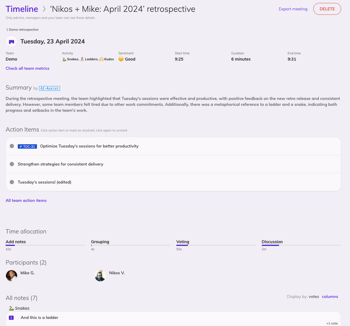 View of a retrospective entry in the timeline listing an overview of time, sentiment, time spent on each stage of the retrospective, an AI-Summary of the session, action items, participants and notes