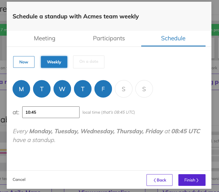 Meeting scheduler showing weekday selector and time selector for a team