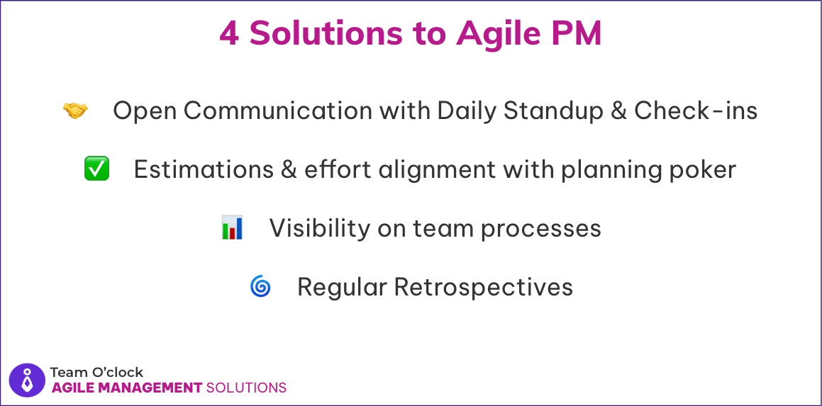 4 Solutions: 🤝 Open Communication with Daily Standup & Check-ins,  ✅ Estimations & effort alignment with planning poker, 📊 Visibility on team processes, 🌀 Regular Retrospectives