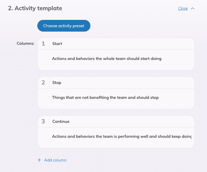 The second step of the retrospective setup showing a button reading Choose activity preset followed by 3 interactive cards for columns reading Start, Stop, Continue. At the bottom there is a link to add columns