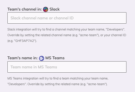 Options to type a Slack channel name and an MS Teams name in the Team management page.