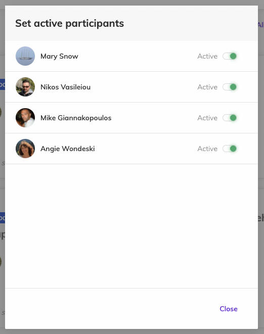 A modal with team members with a toggle to set inactive and active participants
