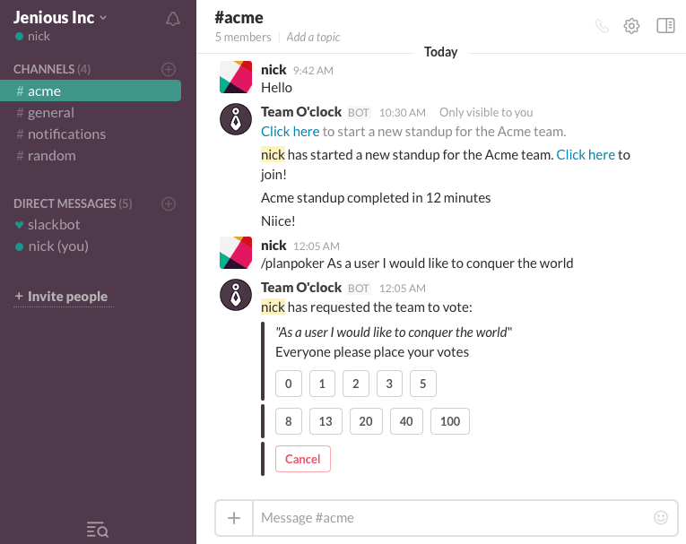 A Slack message from Team O'clock, showing a task for voting with buttons for each of the votes values and a Cancel button to stop the estimation for this task