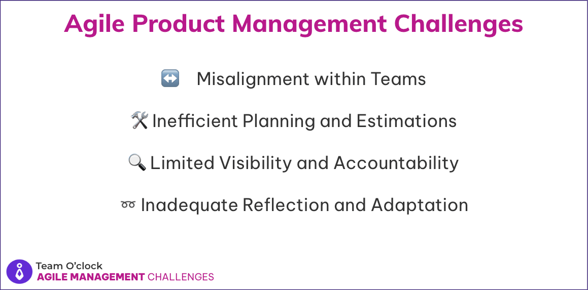 4 challenges of agile Product Management: Misalignment within Teams, Inefficient Planning and Estimations, Limited Visibility and Accountability, Inadequate Reflection and adaptation