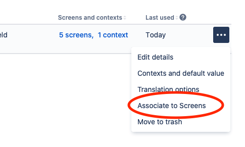 Jira settings dropdown with option to Associate to Screens cycled.