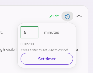 View of a dropdown right below a button with a timer icon in a topic card. In the dropdown there is an input to type minutes for the timer and a button reading set timer.