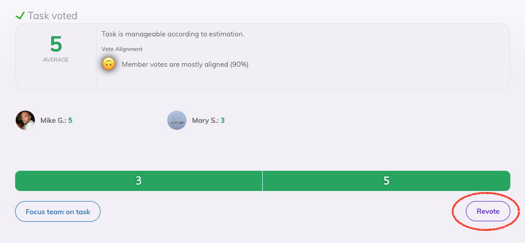 A view of a voted task in Planning Poker meeting with a circle on the button to revote the task