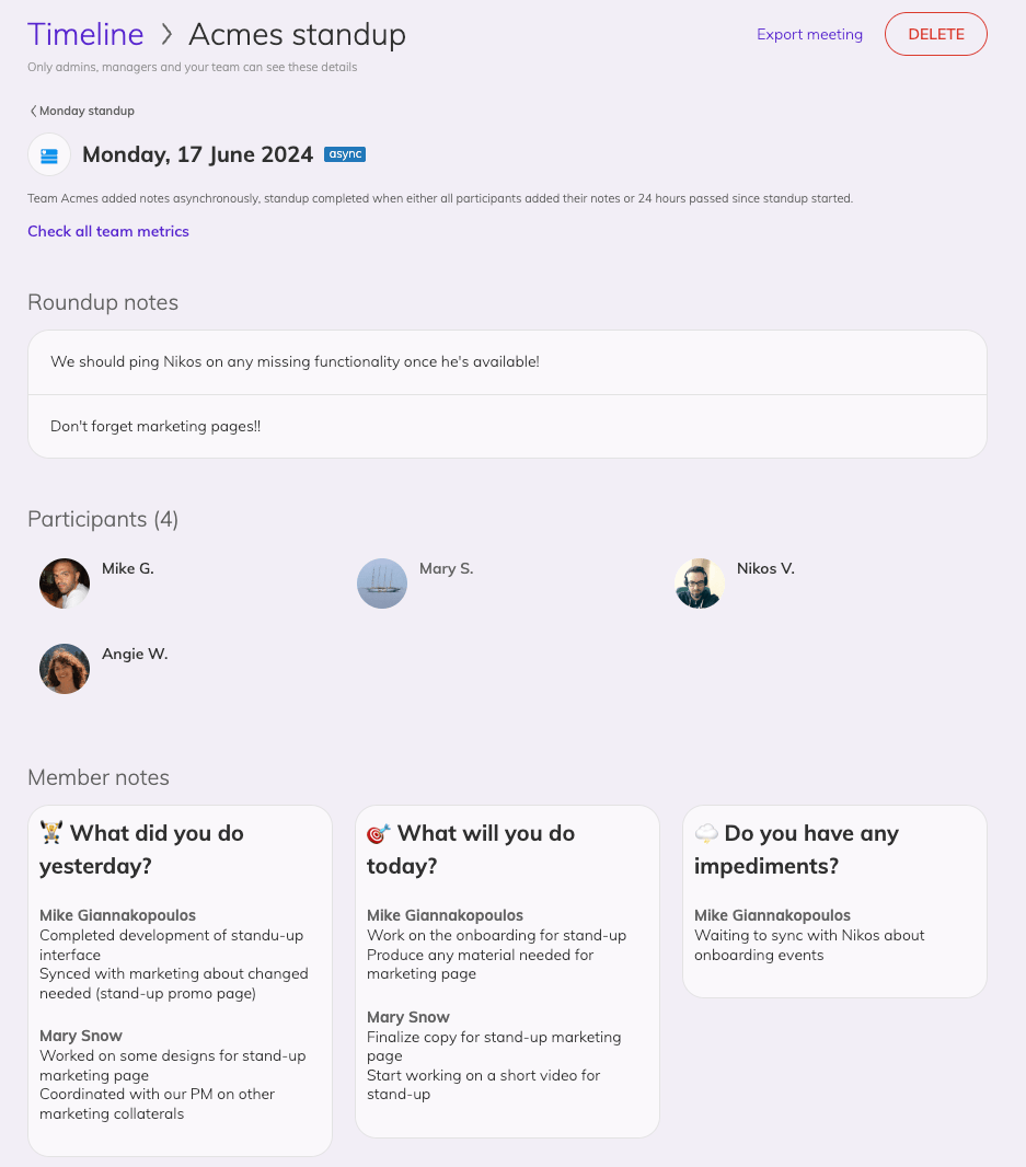 View of an async daily standup with information about standup notes and notes per participant in each of the three questions