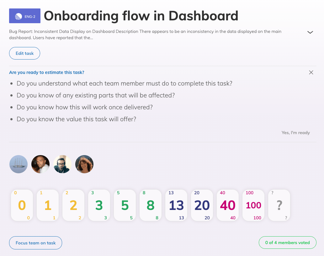 A Linear issue in planning poker with the issue title visible and the description displayed below the title. Participants and voting cards are also visible.