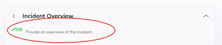 An expanded agenda meeting topic card titled Incident Overview. There is a description text below reading Provide an overview of the incident and an Edit link visible on the right of the description.