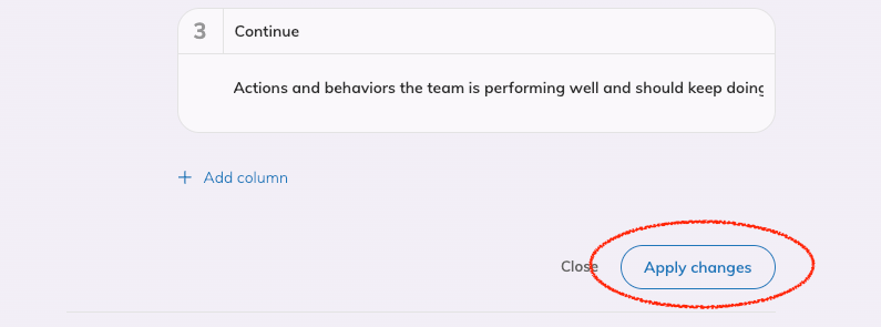 Preview of the activity template setup with two options visible to cancel edits and to Apply changes. The Apply changes option is circled to be highlighted