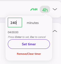 A dropdown below the timer on an agenda card. The timer is set to 240 minutes and there are options to Set timer and Remove/Clear timer.