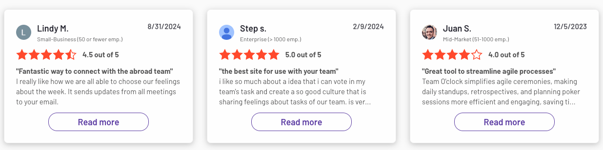 A list of 3 testimonials for Team O'clock, talking about remote teams working on agile processes that are streamlined