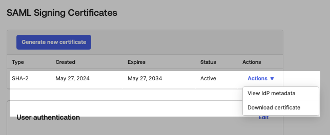 OKTA SAML signing certificates interface highlighting on SHA-2 certificate in the list with a dropdown that reads Download certificate