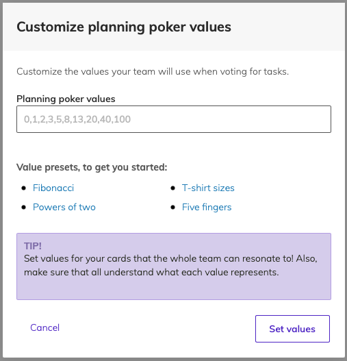 Planning poker customization settings with values and presets visible