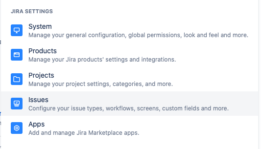 Jira settings dropdown with the Issues option selected