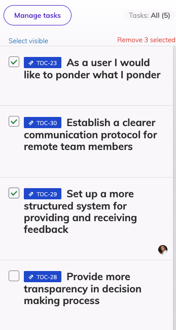 The tasks lists in the manage tasks interface of planning poker meeting. Some tasks are checked as selected and there is an option on the top of the list reading `Remove selected'