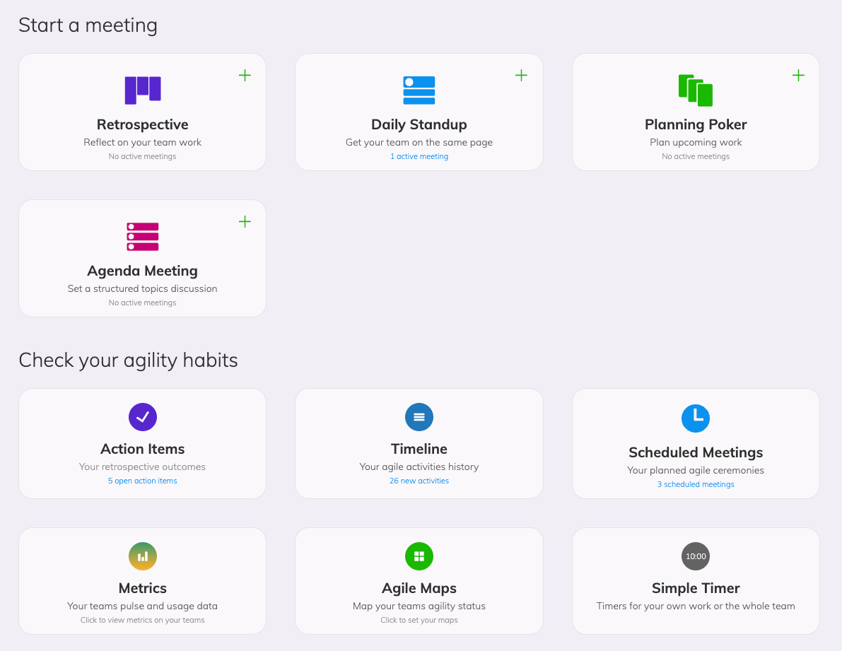 View of the Team O'clock dashboard showing cards for retrospective, daily standup, planning poker, and agenda meeting. Also visible are the Agility Habit cards for Action items, timeline, Scheduled meetings, Metrics, Agile Maps