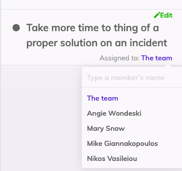 An action item visible with a dropdown next to a text reading Assign to team, showing the list of participants