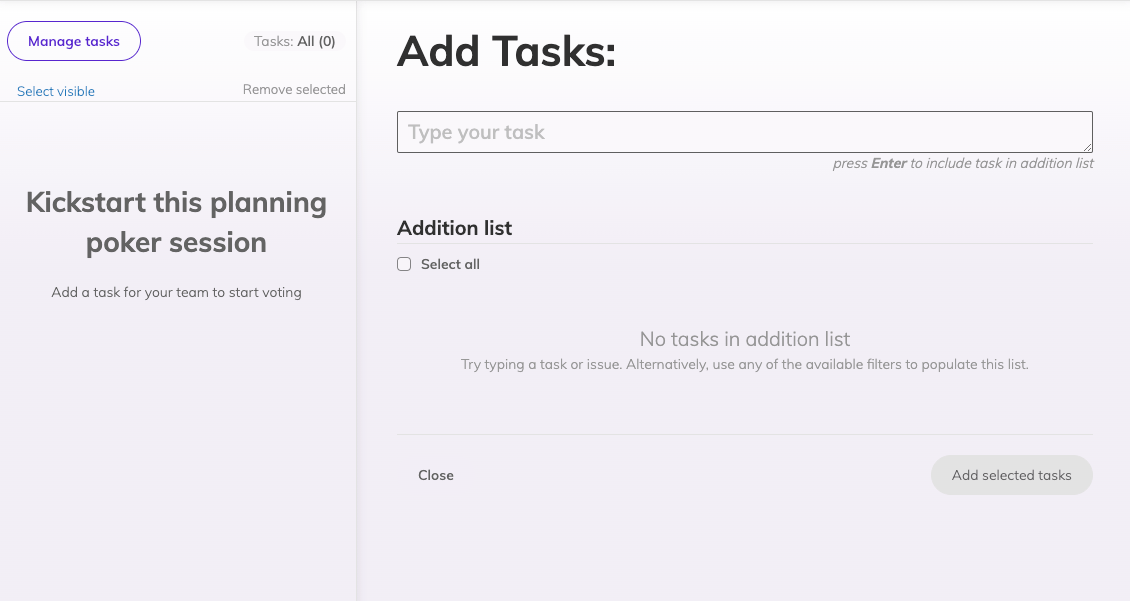 Planning poker meeting, preview of the Manage tasks interface with a text input to type and add new tasks