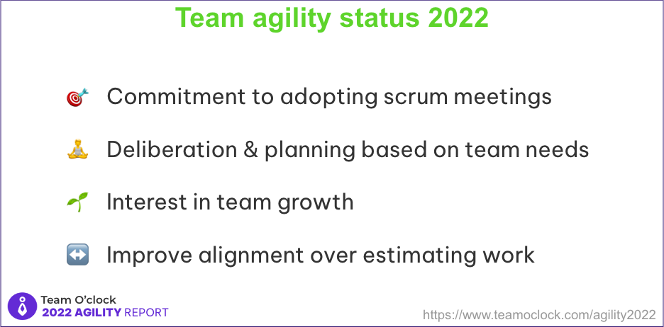 List of team agility status characteristics of: commitment to adopting scrum meetings, deliberation & planning on team needs, interest in team growth, need to improve alignment over estimating work