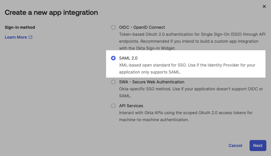 View of the OKTA create new app integration with the SAML 2.0 option selected from a list of options