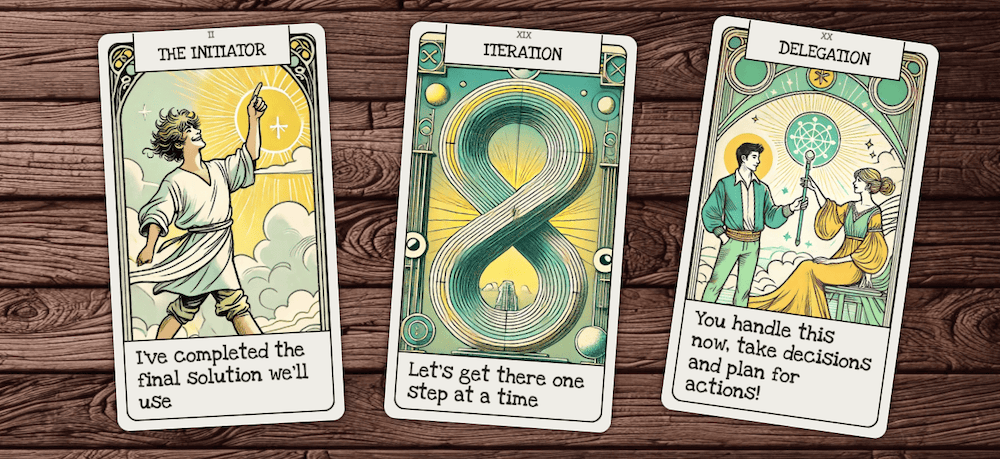 Lean Tarot: The Leader persona with cards for: THE INITIATOR, ITERATION, DELEGATION