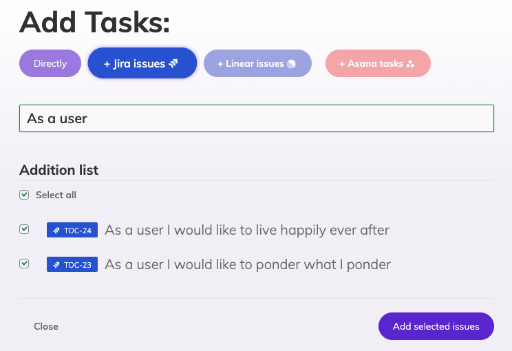 The Manage tasks interface of planning poker meeting is displayed. The Jira button is selected above an input text and two jira tickets are displayed in a list reflecting the search term typed in the input