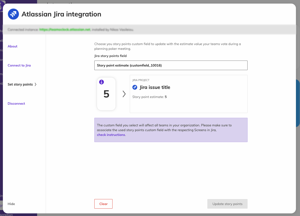 A modal view showing an interface to link the Jira story point field with planning poker values