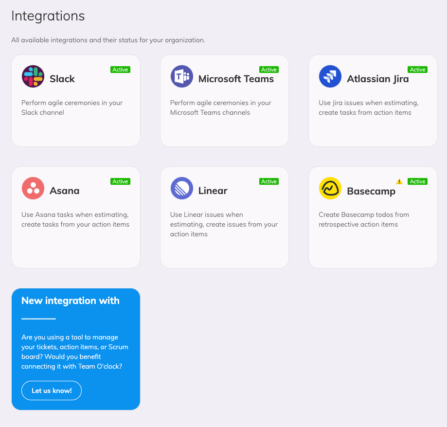 The Team O'clock integrations page displaying a list of the integrations available, each one in an integration card. There is an additional option to request more integrations.