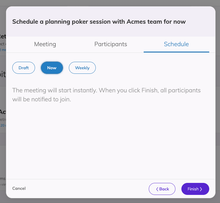 View of the meeting wizard popup on the schedule step, 'now' option is selected.