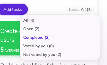 A dropdown for task list filters with options for: All, Open, Completed, Voted by you, Not voted by you