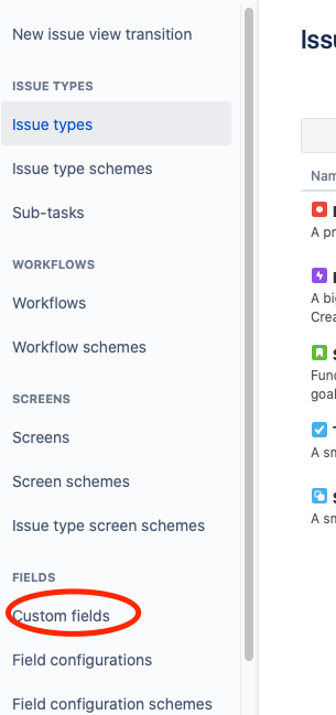 Jira settings view of the list of issue related settings with Custom fields cycled under the title Fields