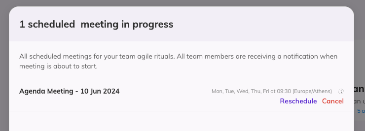 View of the modal for Scheduled meetings, one meeting is selected and two options are visible for Reschedule or Cancel that meeting