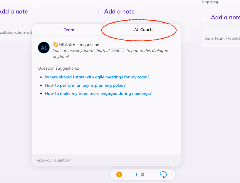 The chat popup inside a meeting with two tabs visible for chat and AI-Coach. The AI-Coach tab is selected holding some smart suggestions as links for trying out AI-Coach