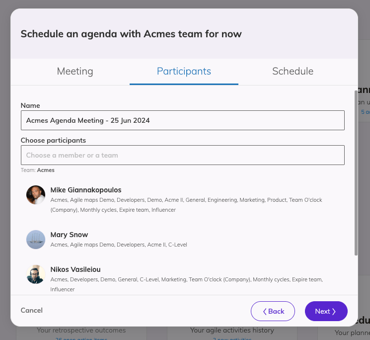 The meeting wizard modal of Team O'clock with the agenda meeting selected, the participants view is active where the members of the Acmes team are listed with their avatar and names. There are the Back and Next buttons at the bottom right of the modal