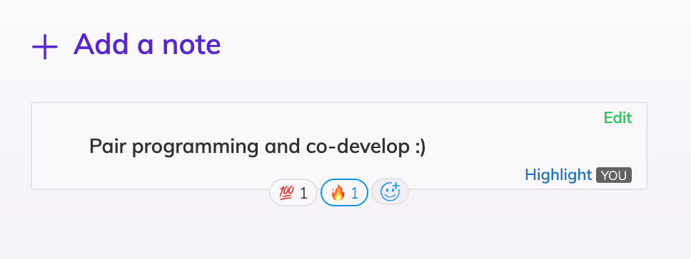 A retrospective note with 2 emoji reactions added and a smiley button to add more reactions.