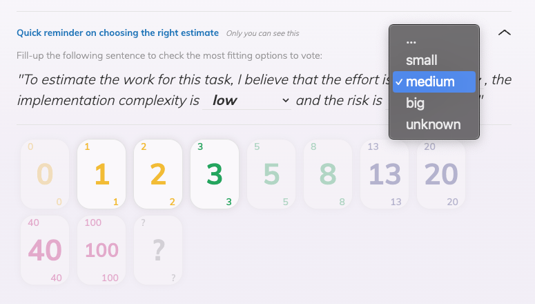 Planning Poker interface with a sentence that needs to fill up to suggest values for story point cards. The sentence reads: To estimate the work for this task, I believe that the effort is -- the implementation complexity is -- and the risk is --.